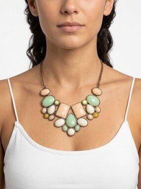 Chunky Pastel Statement Necklace Green Peach Cream Ornate Bib Chain Collar